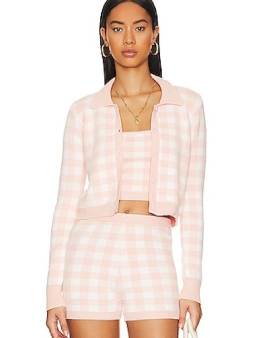 ☀️ L*Space Francie Short Gingham Pink White Sweater Knit Shorts M NWT